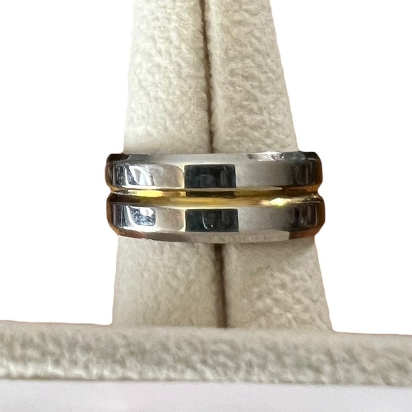 Silver Stainless Steel & Gold Tone Groove Wide Band Ring - Picture 3 of 10